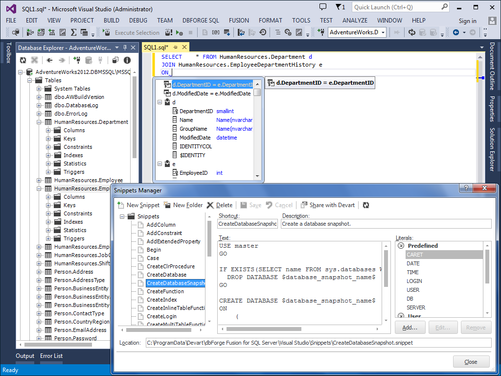 Базу данных visual c. DBFORGE MS SQL. Плагин для Visual Studio. DBFORGE Studio for SQL Server. Команды SQL.