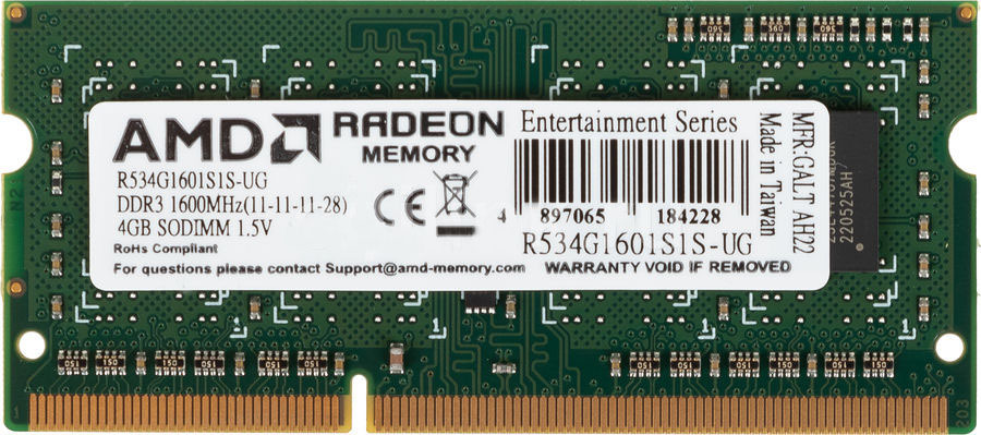 Оперативная память AMD Desktop DDR3 1600МГц 4GB, R534G1601S1S-UG, RTL