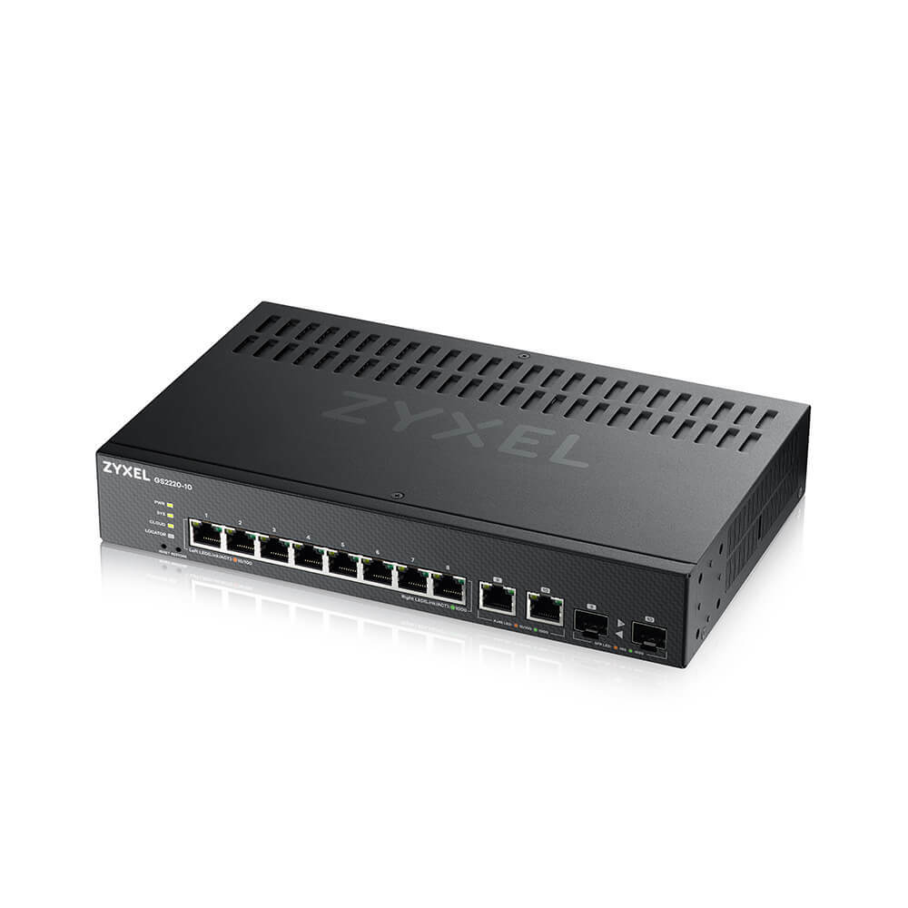 

ZYXEL NebulaFlex Pro GS2220-10HP Hybrid L2 PoE+ Switch, 19 "rack, 8xGE PoE+, 2xCombo (SFP / RJ-45), 180W PoE Budget, Standalone / Cloud Management