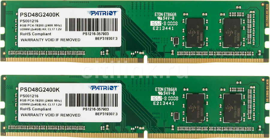 

Оперативная память Patriot Desktop DDR4 2400МГц 2x4Gb, PSD48G2400K, RTL