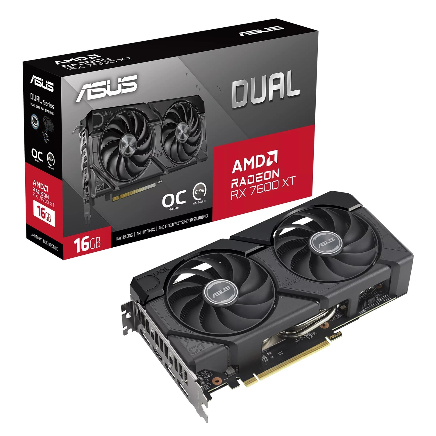 Видеокарта Asus PCI-E 4.0 DUAL-RX7600XT-O16G AMD Radeon RX 7600XT 16Gb 128bit GDDR6 2280/17500 HDMIx1 DPx3 HDCP Ret ASUS - фото 1